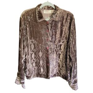 Anu By Natural Crushed Velvet Button Down Embroidered Top Jacket Size Large NWT